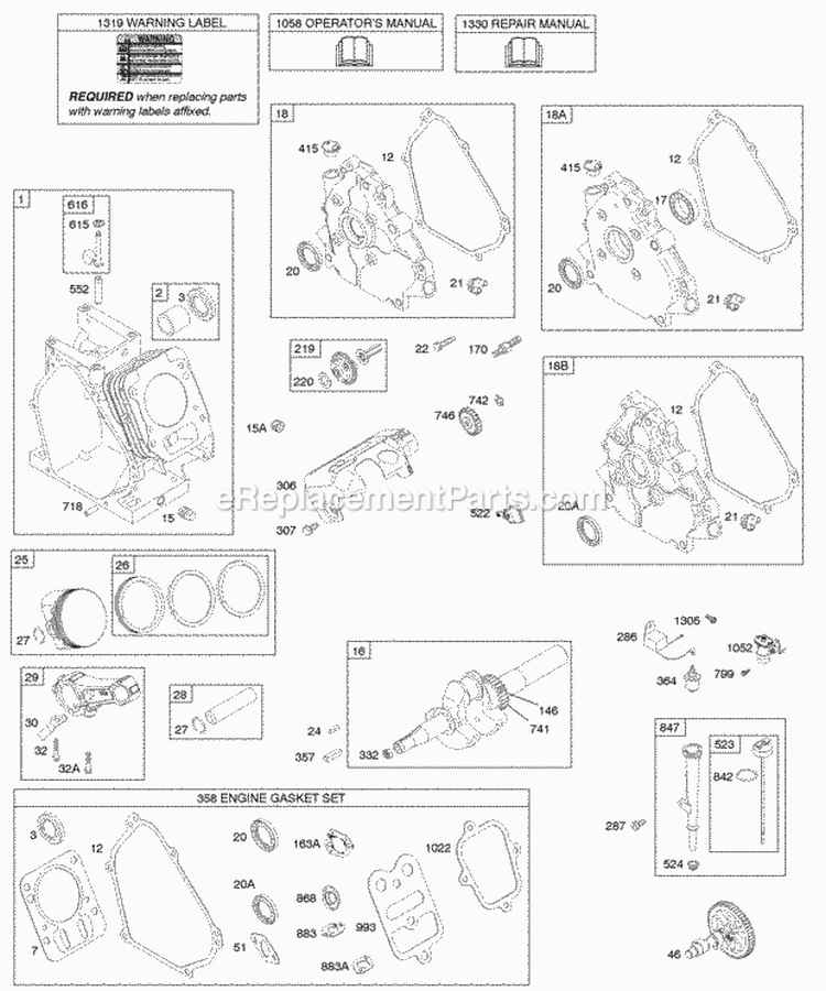 Camshaft Crankcase Cover Crankshafts Cylinder Lubrication Piston Group Diagram and Parts List for 123337-0182-E8  Briggs and Stratton Engine